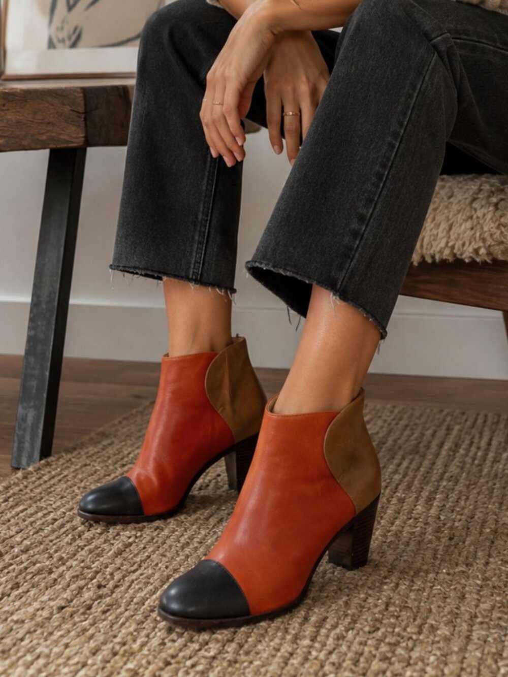 Samantha Pleet Wolverine Leather Ankle Boots 8.5 Rust Tan Black Colorblock NWOT